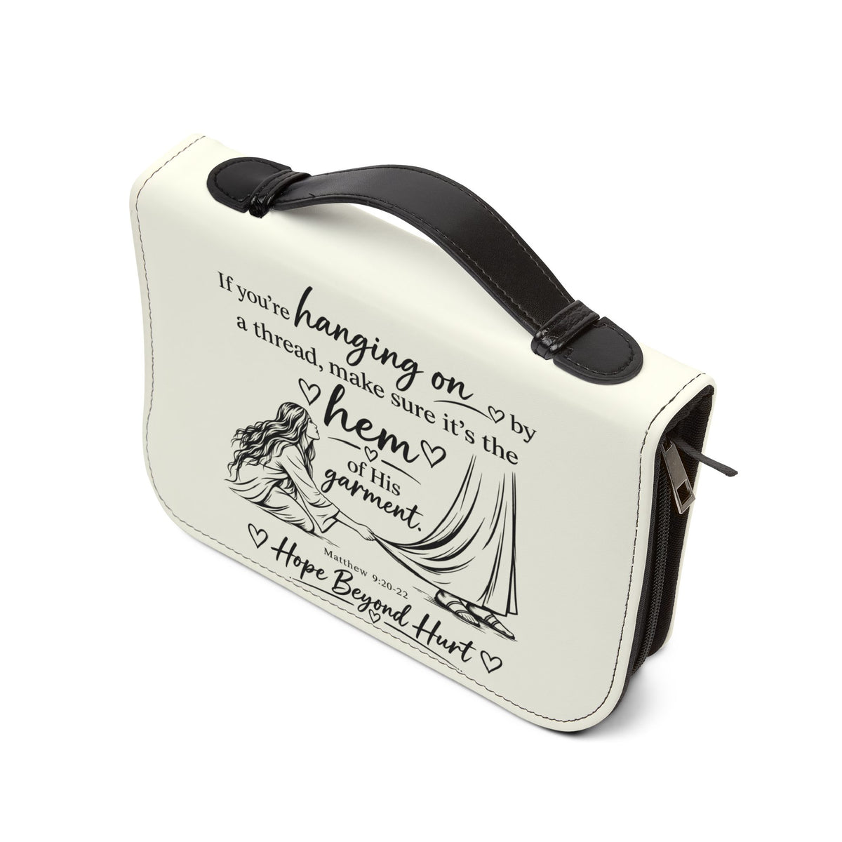 Ivory Bible Cover - Inspirational "If You're Hanging On By A Thread" Scripture Zipper Case