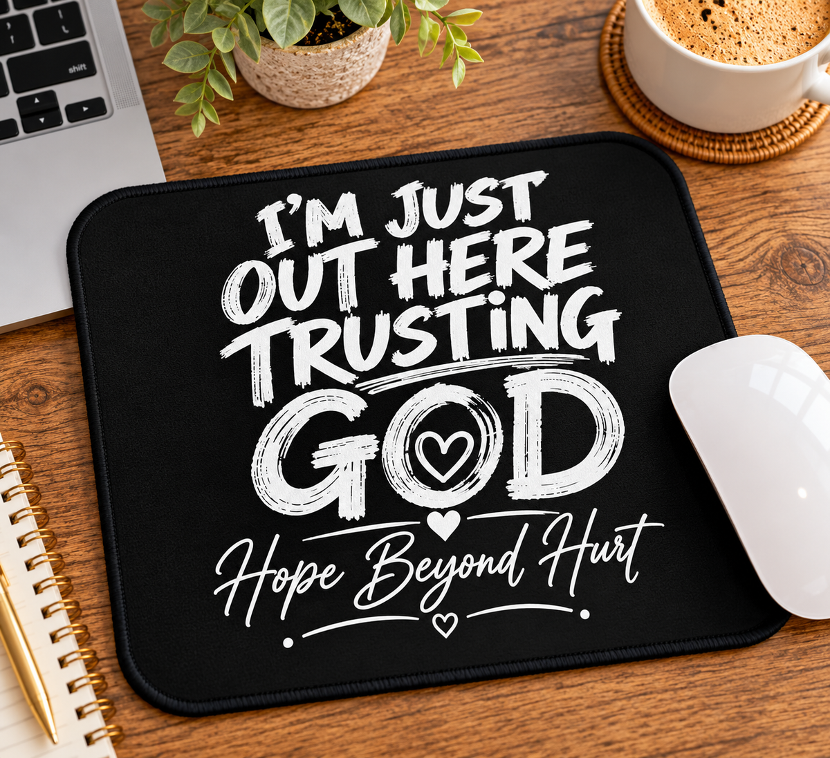 I'm Just Out Here Trusting God - Stitched Edge Desk Mat